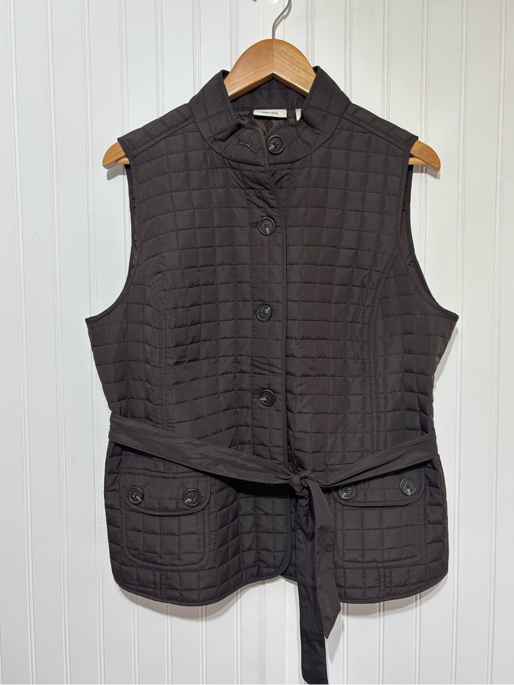 Liz & Co. Women’s Dark Brown Quilted Belted Vest Utility Pockets Size L